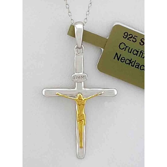 Crucifix Cross Pendant Necklace 14k Two Tones Gold Plated (Solid .925 Silver) - Picture 1 of 4